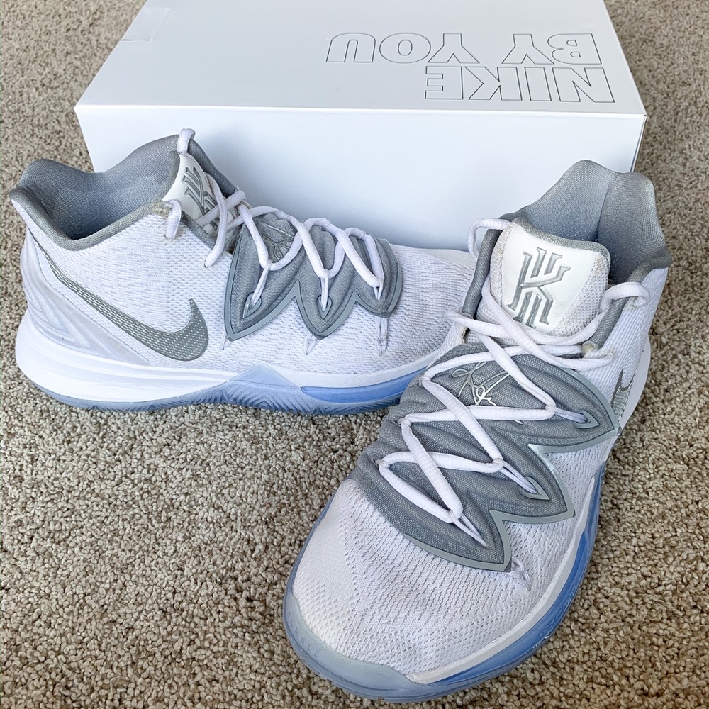 Custom White and Wolf Grey Kyrie 5’s